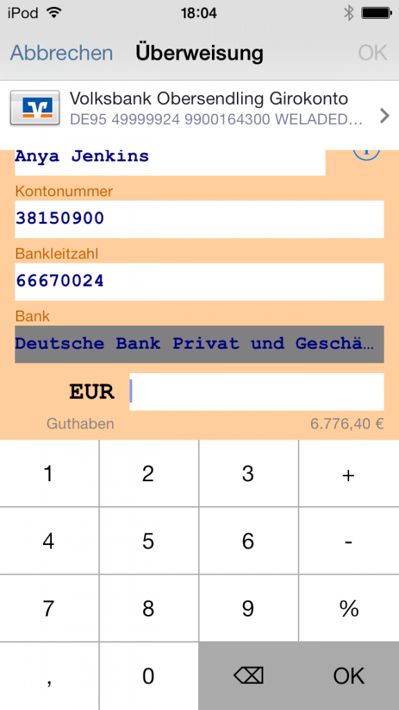 iPhone App Banking 4 Überweisung
