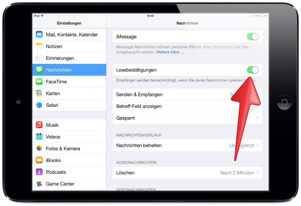 Apple iPad Nachrichten SMS iMessage Quittung Lesebestätigung Empfang gesendet gelesen zugestellt 4