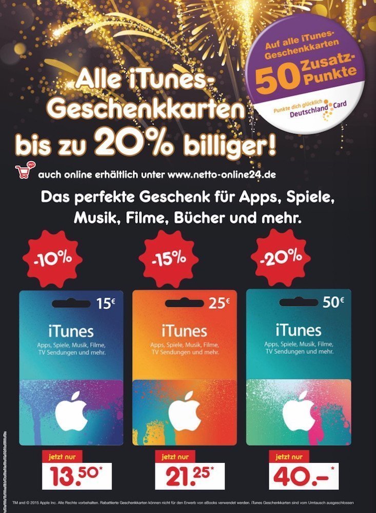 iTunes-Karten mit bis zu 20% Rabatt bei Netto