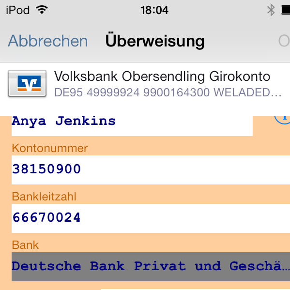 iPhone App Banking 4 Überweisung