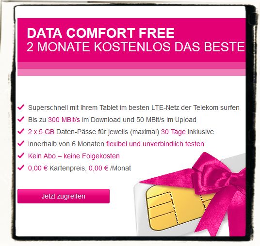 Data Comfort Free Superschnell Tablet iPad LTE-Netz Telekom t-Mobile gratis kostenlos 10 GB BB
