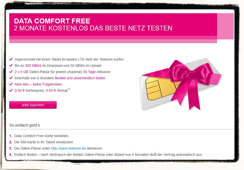 Data Comfort Free Superschnell Tablet iPad LTE-Netz Telekom t-Mobile gratis kostenlos 10 GB