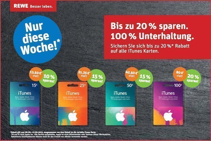 iTunes Karten Geschenkkarten REWE Rabatt Prozent
