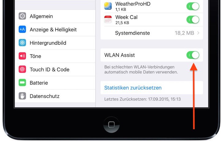 WLAN Assist Funktion iPad iOS 9 mobiles Datenvolumen ungewollt aufbrauchen abschalten 1