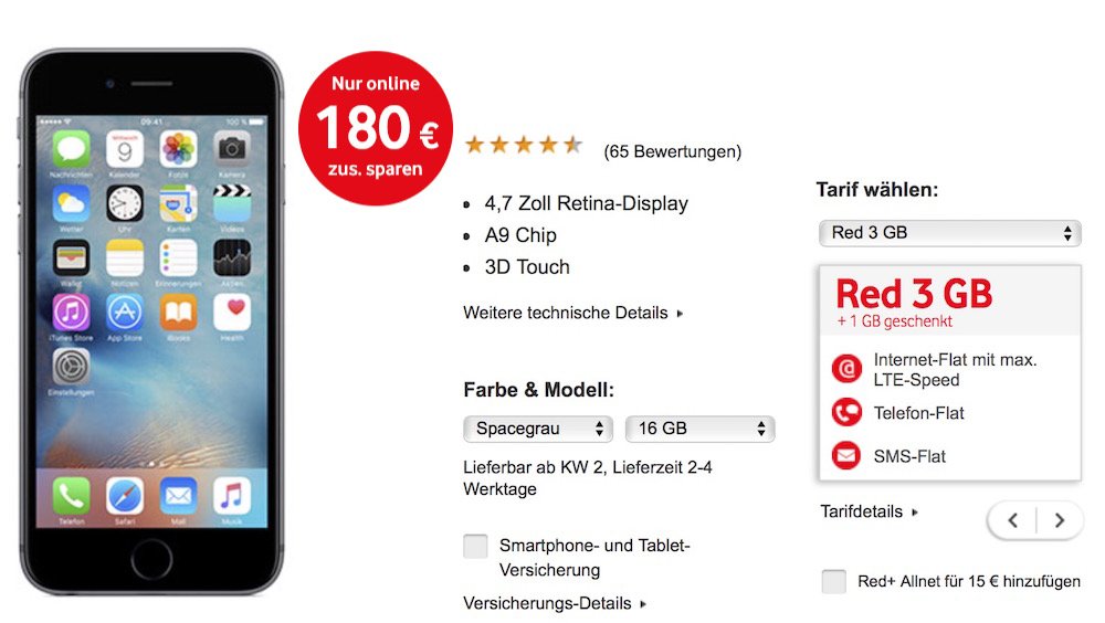 1 EUR-Wochen bei Vodafone, z. B. iPhone 6s