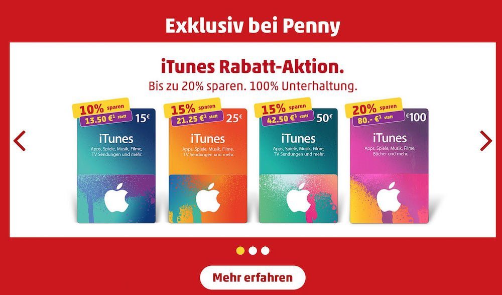 iTunes Geaschenk Karten 20 Prozent Rabatt günstiger Penny